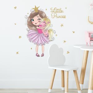 Cartoon Kleine Prinses en Eenhoorn Muurstickers Vinyl Decoratieve Muurstickers Kwekerij Muurschildering Poster Baby Meisje Slaapkamer Decoratie