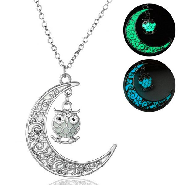 Collar de búho luminoso de dibujos animados Luna que brilla en la luna oscura Animal colgante Collares Joyería de moda para mujeres Regalo para niños Will y Sandy