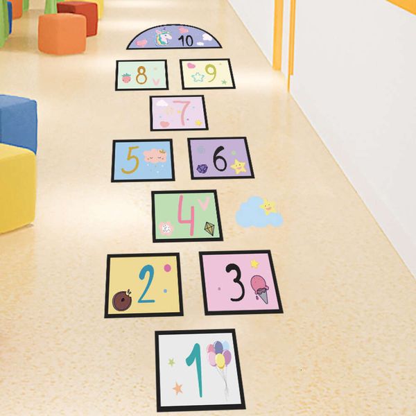 Dibujos Animados Macaron números Rayuela juego para niños pegatinas de suelo unicornios coloridos pegatinas de pared diversión dormitorio sala de estar DIY calcomanía