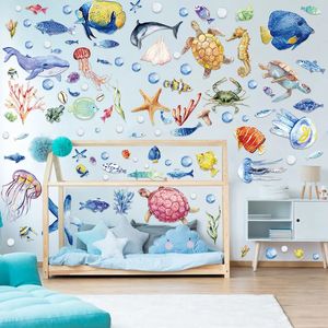 Autocollants muraux de vie marine de dessin animé pour chambres d'enfants, décor mural de salle de bains, requin méduse animaux marins, sparadrap muraux DIY pour décoration de maison 240106