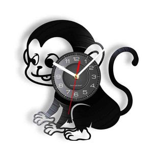 Reloj de pared silencioso sin tic-tac de mono de dibujos animados para habitación de niños, animales de Safari, bebé, guardería, arte de pared, disco de vinilo, reloj de álbum H1230