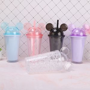 Cartoon Mouse Ear Tumblers Kleurrijke Dubbelwandige Waterfles met Stro en Deksel Cup Milke Koffiemok Kinderen Meisjes HA1371
