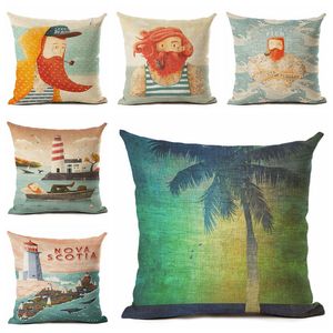 Cartoon Nautic Cushion Cover Sailor Sierkussen Geval Strand Decoraties voor Home Vuurtoren Palm Almofadas Nordic Funda Cojines