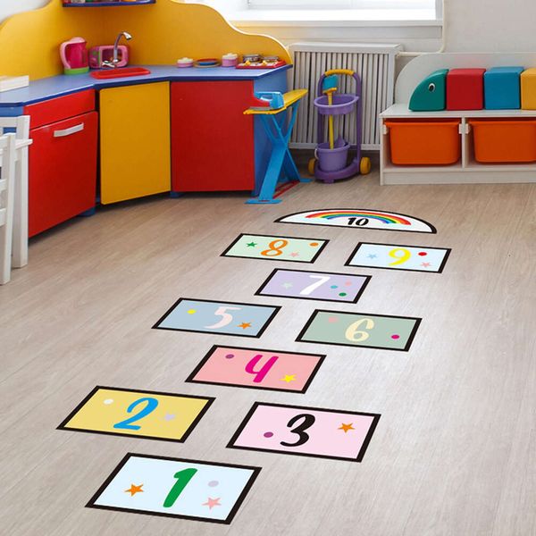 Pegatinas de suelo de juego de rayuela con números de dibujos animados, pegatinas de pared de habitación para adolescentes, pegatinas decorativas para habitación de niños y niñas, decoración de PVC