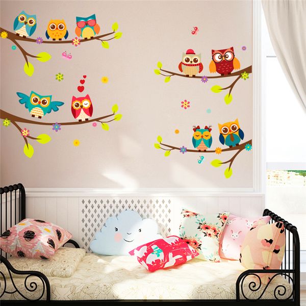 Dessin animé hibou branche stickers muraux pour chambres d'enfants salon chambre décor à la maison bricolage animaux stickers muraux pvc affiches art mural