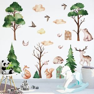 Cartoon Geschilderd Bos Cabine Muurstickers voor kinderkamer Slaapkamer Muur Decor Woondecoratie Vinyl Dieren Bomen Decals 240106