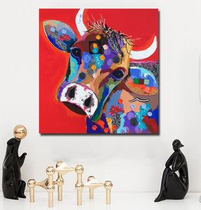 Cartoon geschilderd groot formaat bedrukte canvas schilderijen rode koe olieverfschilderijen moderne decoratie muur kunst woonkamer decor foto's 27259999