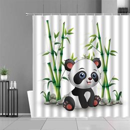 Cartoon Panda Douchegordijn Leuke Dieren Panda's Groene Bamboe Planten Print Bad Gordijnen Kinderkamer Badkamer Decor Waterdicht 211116