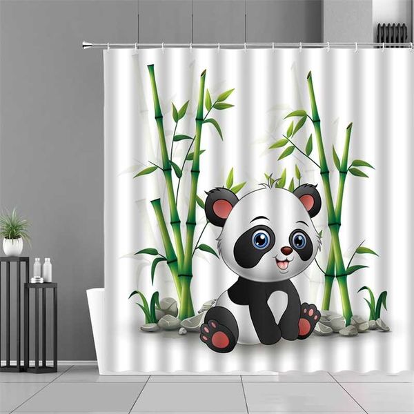 Dessin animé Panda Rideau de douche Animaux mignons Pandas Plantes de bambou vertes Imprimer Rideaux de bain Chambre d'enfants Salle de bain Décor étanche 211116