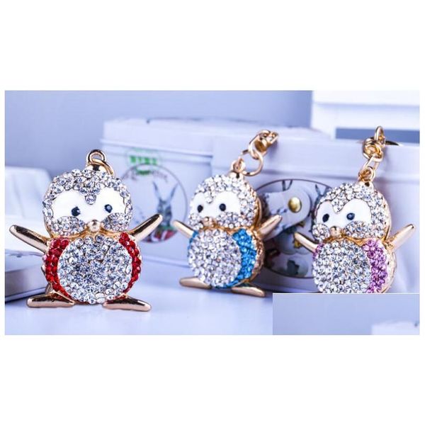 Forma de pingüino de dibujos animados Llavero Creativo 3 colores Diamante Metal Lindo Anillo Bolsa Accesorios de moda Entrega de gota Dhdou