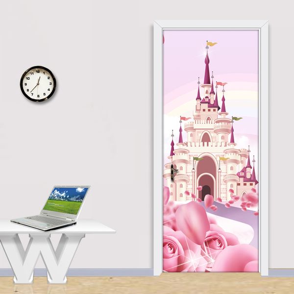 Dessin animé rose château 3D Photo papier peint pour enfants chambre filles princesse chambre porte autocollant PVC auto-adhésif étanche murale 210317