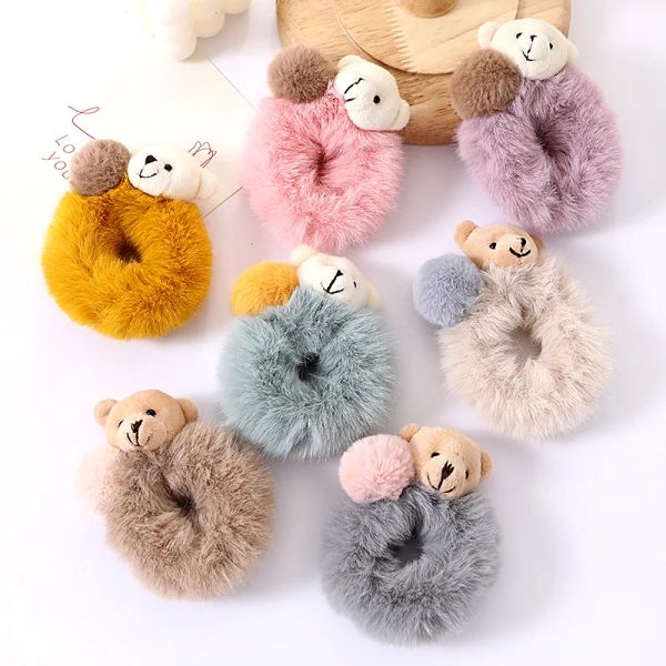 Chouchous en forme d'ours en peluche de dessin animé, Style coréen pour femmes et filles, anneau de boule de cheveux, bande de caoutchouc élastique, support pour queue de cheval