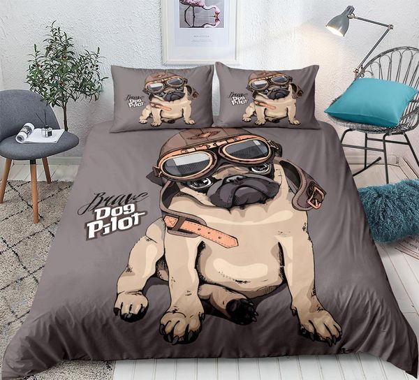 Dibujos animados Pug perro funda nórdica conjunto 3D piloto lindo animal ropa de cama conjunto niños niños ropa de cama fundas de almohada doble completo textiles para el hogar 3 unids 201021