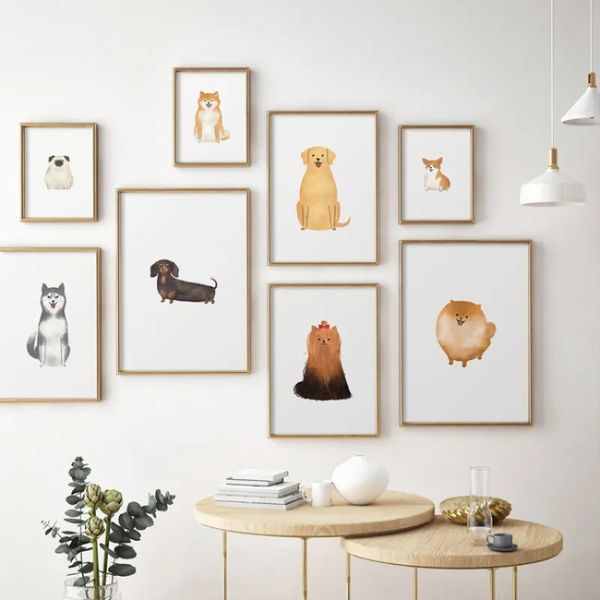 Cachorro de dibujos animados Pintura en lienzo Corgi Dachshund Lindo póster e impresión Arte de la pared Cuadro decorativo nórdico Habitación para niños Decoración de cuarto de niños Sin marco Wo6
