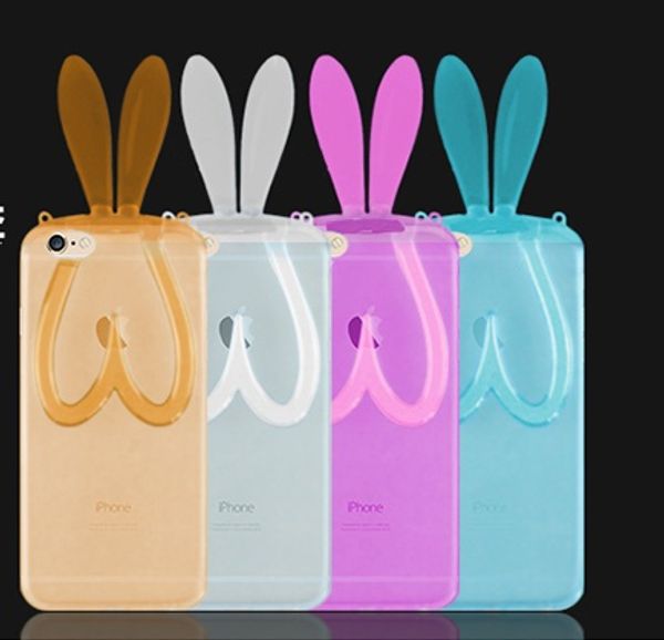 Cartoon Rabbit Ear Soft Clear Stand Phone Case Bunny Cubierta transparente con cordón para Iphone 5 6 6s Plus Samsung S4 S5 S6