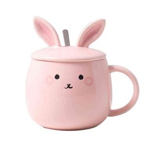 Conejo de dibujos animados con tapa, cuchara, Taza de cerámica, taza para café y desayuno, taza bonita para pareja de estudiantes con tapa y cuchara G1126257s