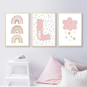 Póster personalizado con dibujos de nubes de arcoíris y nombre del bebé, pintura en lienzo para guardería, imagen artística impresa para pared, decoración Interior para habitación de niños y niñas, decoración del hogar L01