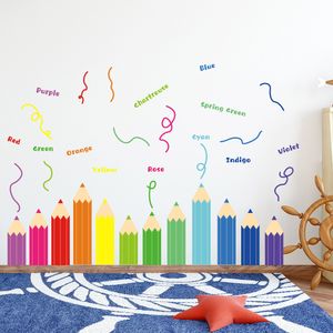 Pegatinas de pared de crayón de arcoíris de dibujos animados, decoración de fondo para habitación de niños, papel tapiz, decoración del hogar, calcomanías autoadhesivas para guardería