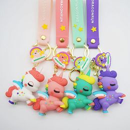LLavero de unicornio con dibujo de arcoíris, caballo, piscina, colgante, bolso bonito para mujer, accesorios, llavero de muñeca, regalo pequeño