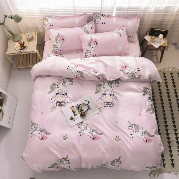 Dessin animé Rainbow Licorne Literne Feuille Plat House Maison Soft Textile Confortable Housse de couette Set Ensemble de literie rose pour enfants LJ200819