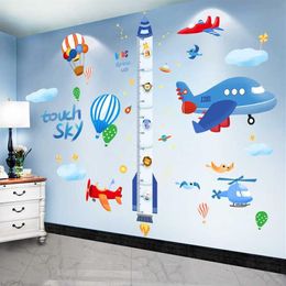 Autocollants muraux de mesure de hauteur de fusée de dessin animé, autocollants muraux de nuages d'avion à faire soi-même pour chambres d'enfants, chambre de bébé, décoration de la maison 210615201S