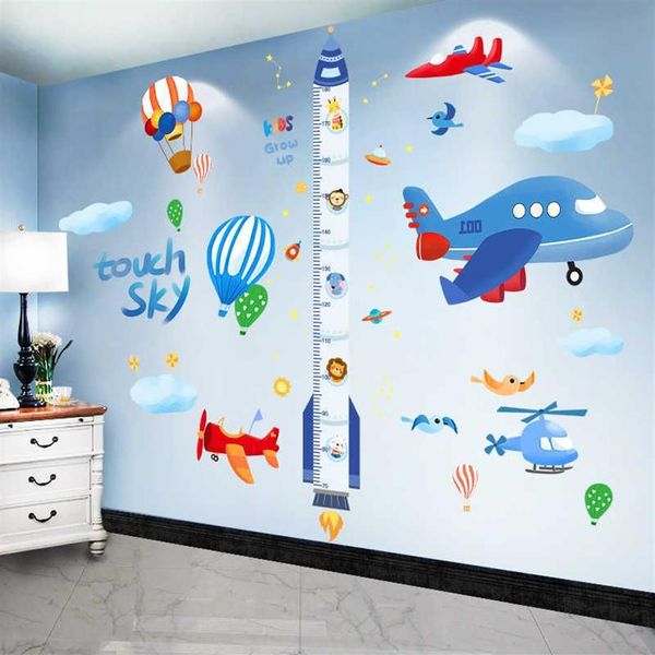 Pegatinas de pared con medida de altura de cohete de dibujos animados, calcomanías murales de nubes de avión DIY para habitaciones de niños, dormitorio de bebé, decoración del hogar 210615242Z