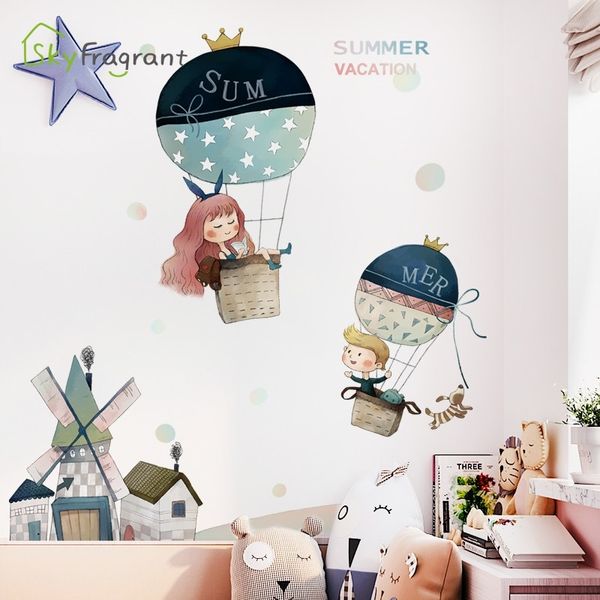 Dessin animé romantique ballon à air chaud autocollants enfants chambre décoration chambre décor décor à la maison créatif autocollant mural auto-adhésif 210310