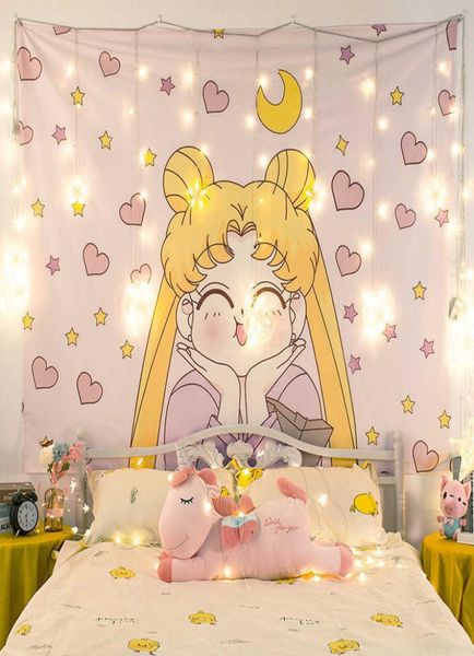 Dessin animé Sailor Moon Imprimé anime tapisserie fille dortoir décor décor suspendu tapz rose tapisseries 2106086671564