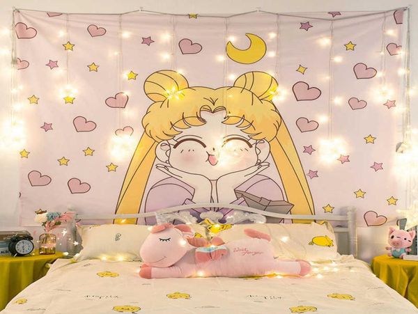 Dessin animé Sailor Moon Imprimé anime tapisserie fille dortoir décor décor suspendu tapz rose tapisseries 2106088339187