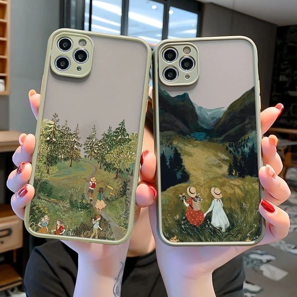 Funda de teléfono con paisaje de dibujos animados para iphone 7 8 Plus SE2 14 13 11 12 Pro Max X XR XS MAX, funda dura a prueba de golpes