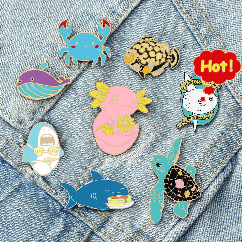 Cartoon Sea Animal Brooches Shark Dolphin Fish Enamel Badge Cute Crab Ocean Turtle Backpack Lapel Pin Jewelry Gifts for Children