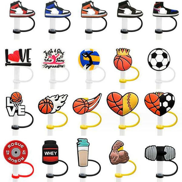 Bouchon de paille en silicone, dessin animé, bouchon anti-poussière en pvc, chaussure de basket-ball, pailles de sport, pointe de décoration, breloques, vente en gros