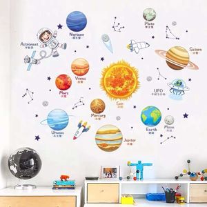Cartoon zonnestelsel kosmische planeet zon aarde maan muurstickers voor kinderkamer slaapkamer leeszaal muurstickers schoolkinderdagverblijf