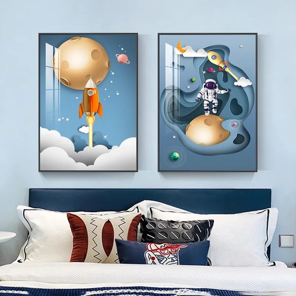 Dessin animé espace étoile toile peinture Anime astronaute affiches et impressions Art mural garçon fille chambre murale photo chambre d'enfant chambre chevet décor sans cadre Wo6