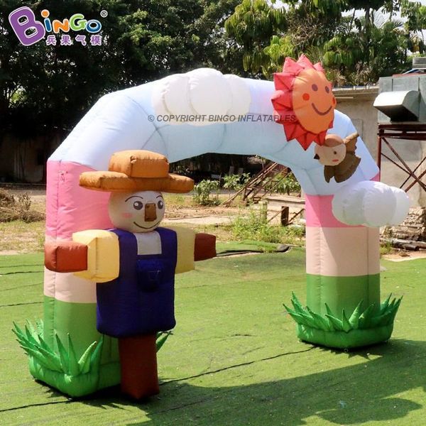 Cartoon Sun Arches annonçant des gonflables en décoration pour décoration arcle gonflable avec des nuages et un épouvantail souffle à la porte arquée pour le parc d'attractions