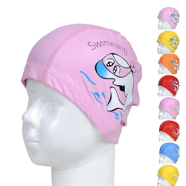 Bonnet de natation de dessin animé Garçons Filles PU Enfants Bonnets de natation imperméables Enfants Natation Piscine Chapeaux Oreille Protecteur Coloré Bébé Chapeau de plongée 1034 Z2