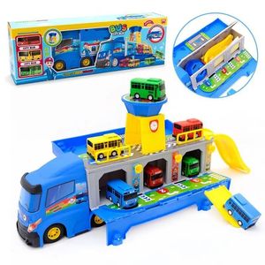Cartoon Tayos Le petit parking Boîte de rangement de camion-conteneur de bus avec 3 jouets de voiture à 3 coups de voiture pour enfants cadeaux d'anniversaire 231221