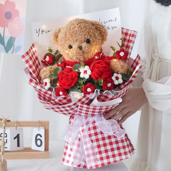 Poupée en peluche ours en peluche de dessin animé et Rose tricotée, Bouquet de fleurs créatif, cadeau de remise de diplôme de noël, saint-valentin, 240124