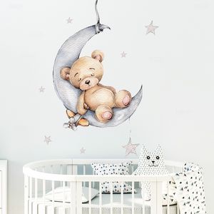 Cartoon teddybeer slapen op de maan en sterren muurstickers voor kinderkamer baby decoratie stickers interieur 220716