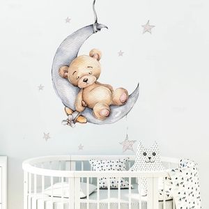 Cartoon en peluche ours dormant sur la lune et étoiles autocollants muraux pour enfants chambre décoration de bébé décoration intérieur 240410