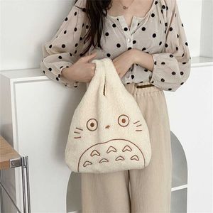 Dessin animé Totoro broderie agneau tissu sac à main pour femmes filles Japon Ins sac à bandoulière fourre-tout doux fourrure Shopper Dropshipping 220923