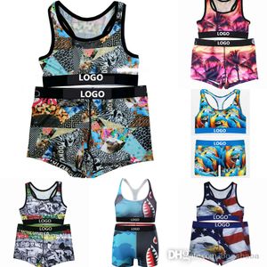 Survêtements de dessin animé femmes séchage rapide gilet et short deux pièces ensemble sport fitness boxer concepteur imprimé lettre tenues de camouflage