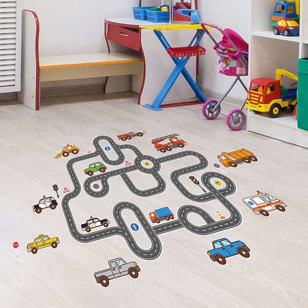 Pegatinas de pared de juegos de coches de tráfico de dibujos animados, pegatinas de suelo para habitación de niños, dormitorio, cuarto de juegos, pegatinas de pared de habitación, papel tapiz