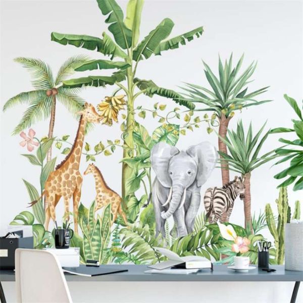 Cartoon Tropical Rainforest Animaux Éléphant Girafe Plante Nordique Stickers Muraux Canapé Enfants Chambre Fond Couloir Décoration 210929