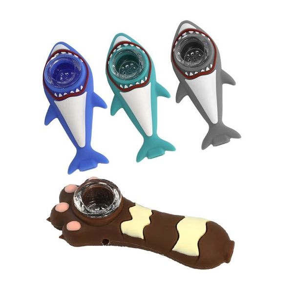 Dibujos animados irrompible silicona fumar pipa de mano tiburón forma de pata de gato cuchara pipa cigarrillo hierba seca tabaco quemador de aceite pipas dab rigs bongs