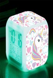 Reloj despertador de unicornio de dibujos animados, despertadores digitales LED, reloj de escritorio para niños y estudiantes, termómetro con luz nocturna que cambia de 7 colores, regalo 3489983