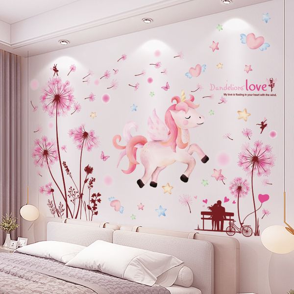 Dibujos animados Unicornio Animal Pegatinas de pared DIY Diente de león Flores Tatuajes de pared para niños Habitación Bebé Dormitorio Decoración 201130