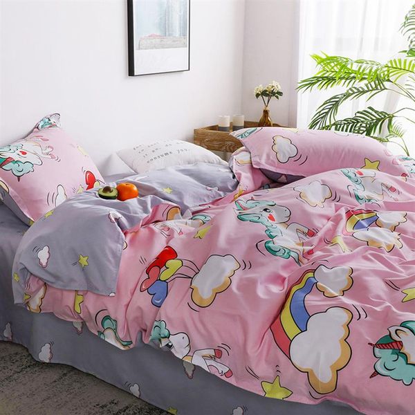 Dessin animé licorne enfants linge de lit ensemble doux confortable doux literie couvre-lit taie d'oreiller drap filles ensemble de literie pour adultes LJ256S