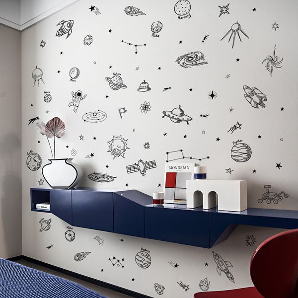 Pegatina de pared con diseño de tema del universo de dibujos animados, dormitorio, habitación de bebé, decoración del hogar, Mural, combinación de papel tapiz, pegatinas para guardería