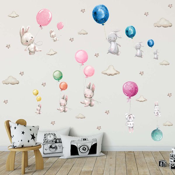 Autocollants muraux de lapins aquarelle de dessin animé, ballons colorés pour chambre d'enfants, animaux, décoration de maison, lapins amicaux, décoration de lit de bébé